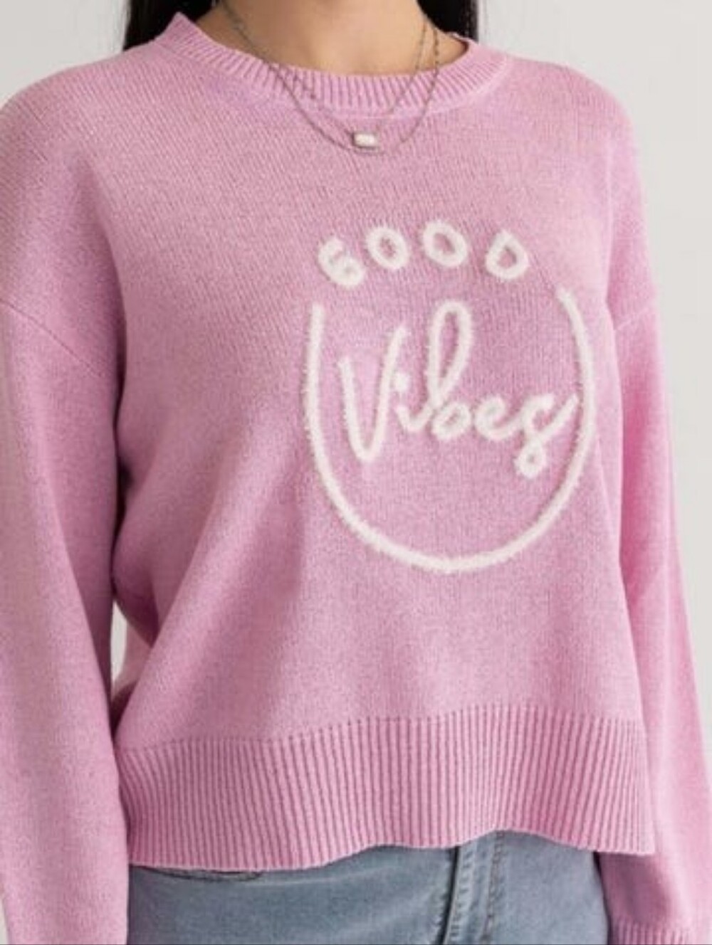 Le Lis Pullover Sweater Good Vibes Pink Lightweight Knit Crop Cropped S White